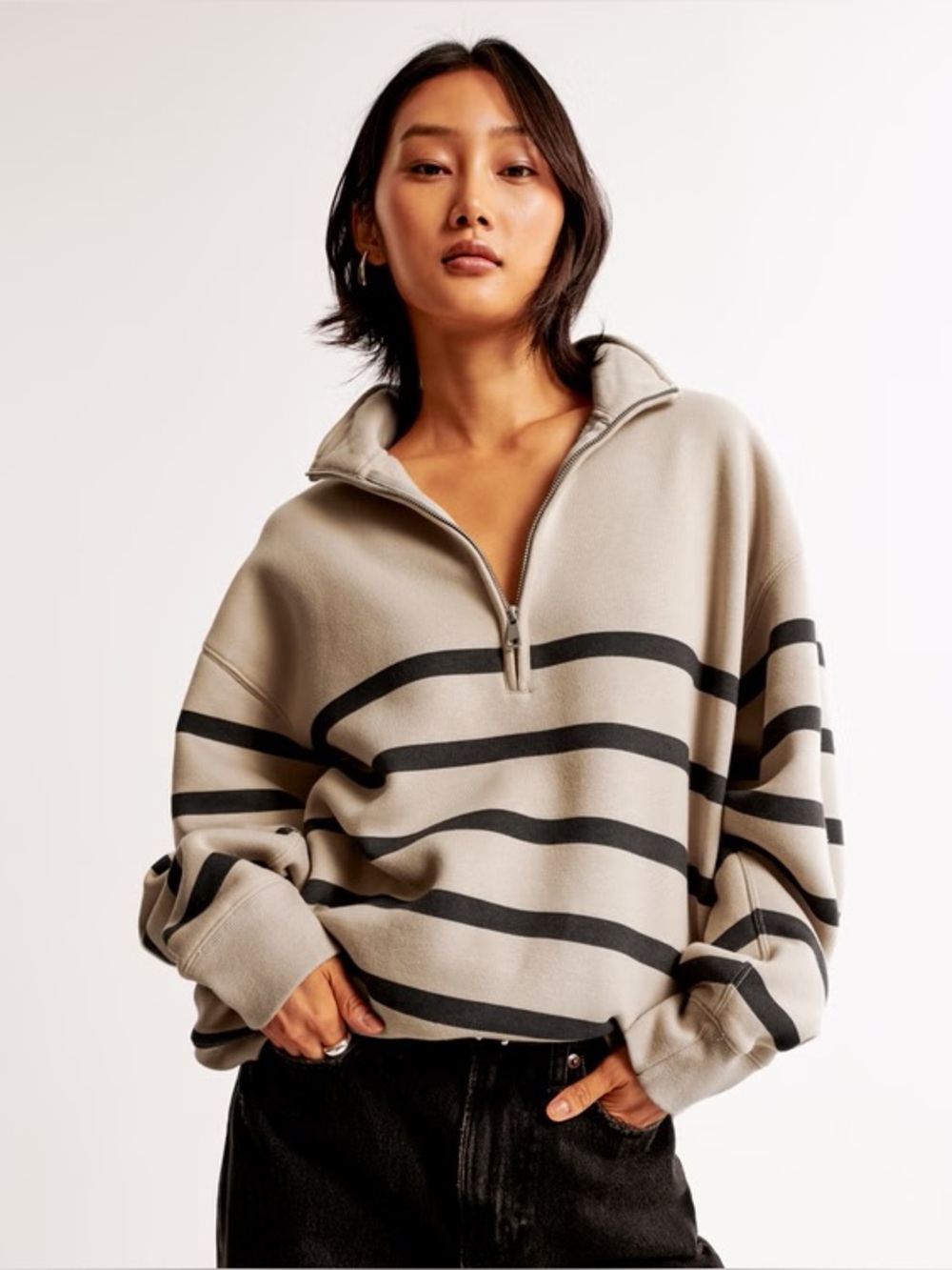Abercrombie & Fitch Beige Half‑Zip Pullover with Black Stripes